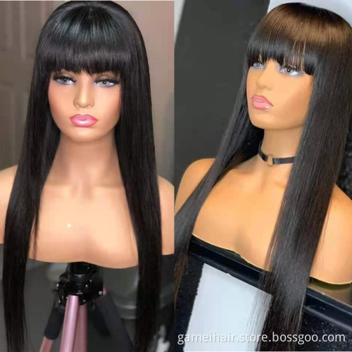 GMWig with Bangs Straight lace front Human Hair Wigs For Black Women Brazilian fringe 30 inch wig Short natural Hair Pre Plucked